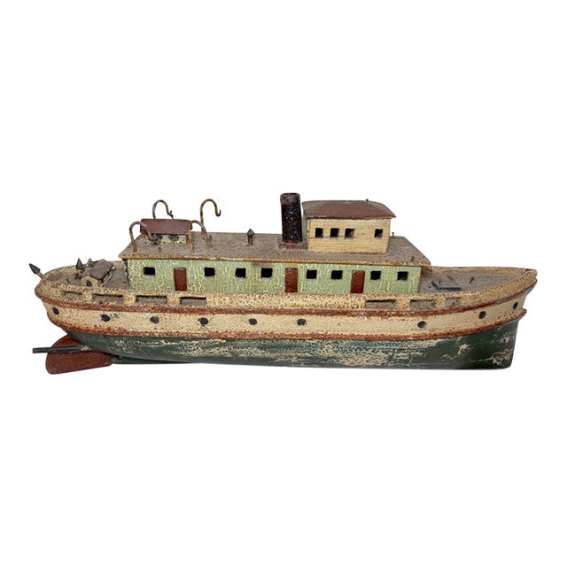 Rare Antique Handmade Carved Wood Folk Art Boat Model Tug Boat Ship Schiff For Sale