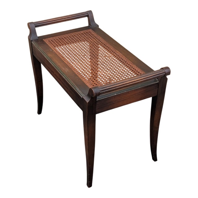 Vintage Wood and Cane Seat Piano or Vanity Bench For Sale
