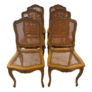 Set of 6 Vintage French Louis XV Style Caned Dining Chairs For Sale