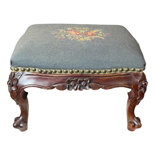 Vintage French Country Louis v Style Carved Wooc Needlepoint Footstool Ottoman Nailhead Detail For Sale