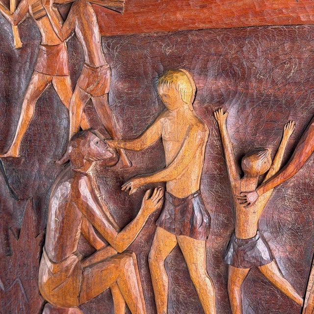 Brown Hand-Carved Panel with Narrative Relief by Giovanni Gariboldi, 1950s For Sale - Image 8 of 15