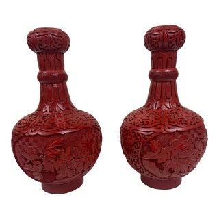 Pair of Vintage Chinese Carved Cinnabar Vases For Sale