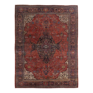 Antique Farahan Sarouk Handmade Oriental Red & Navy Rug For Sale