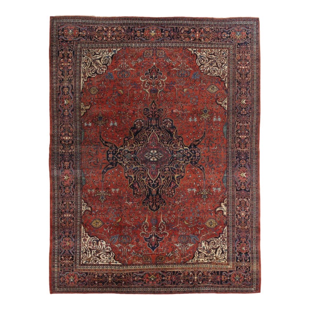 Antique Farahan Sarouk Handmade Oriental Red & Navy Rug For Sale