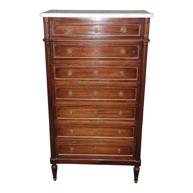 Antique French Louis XVI Style Marble Top Brass Mounted 7 Drawer High Chest For Sale