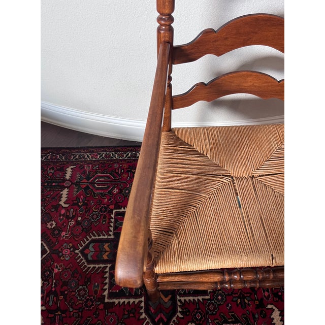 Wood Vintage Tell City/Ethan Allen Style Colonial Early American Ladderback Dining Wooden Armchair, Woven Rush Seat For Sale - Image 7 of 12