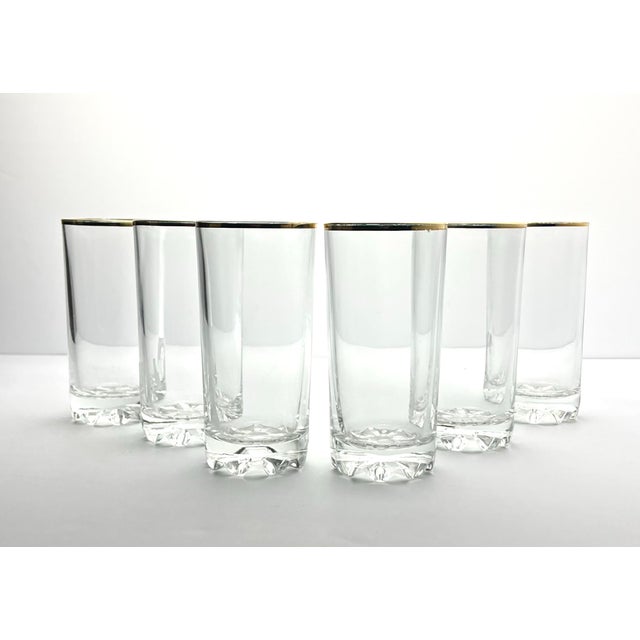 Set of 6 Gold Rim Highball Tumbler Drinking Glasses 5 1/2” 10oz Good condition. No chips, cracks, or fleabites. Height 5...