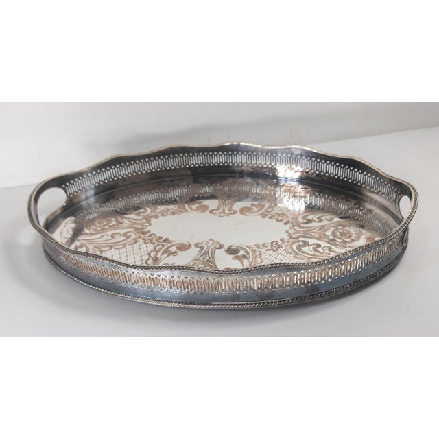 Mid 20th Century Mid-Century English Sheffield Silverplate Drinks Serving Tray With Gallery in Victorian Style For Sale - Image 5 of 12