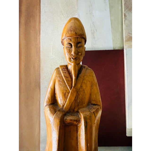 Japanese Vintage Hand Carved Wooden Scholar Figure Asian Decorative Sculpture Mid Century For Sale - Image 3 of 12