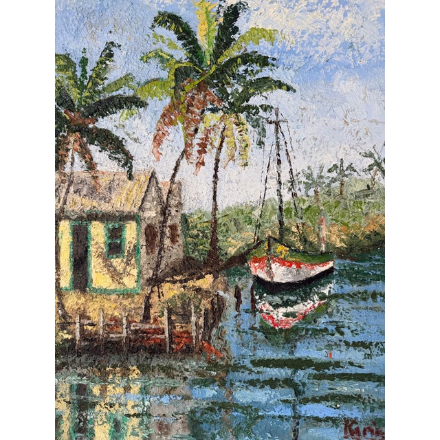 Vintage Caribbean Tropical Coastal Landscape Oil on Canvas Painting, Framed For Sale In Miami - Image 6 of 13