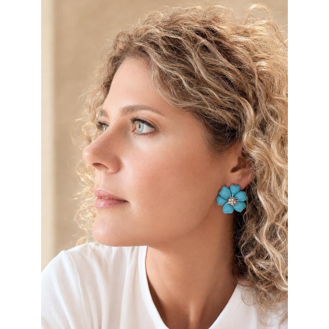 Circa 1980s Italian 18k White Gold Persian Turquoise and Diamond Floral Earrings For Sale - Image 12 of 12