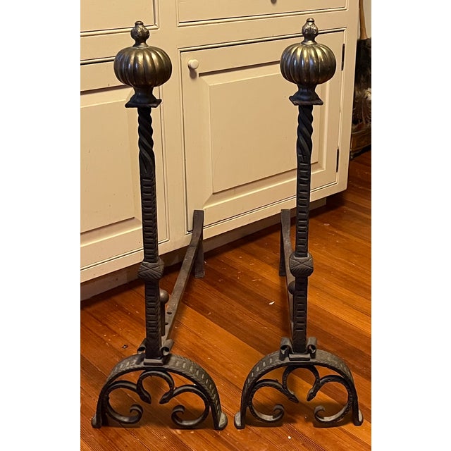Very Large Antique 19th Century French Baroque Wrought Iron and Bronze Andirons With Gothic Tudor Arch for Limestone Fireplace Mantel For Sale - Image 4 of 15