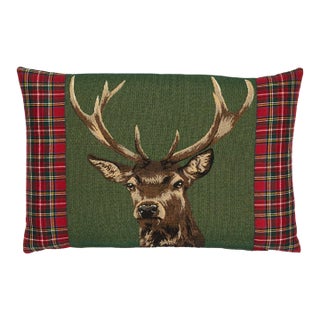 Scottish Stag Green Tartan Cushion With Tartan Sides With Feather Filler - 33x46cm (15"x18") For Sale