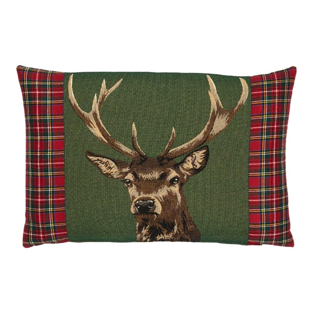 Scottish Stag Green Tartan Cushion With Tartan Sides With Feather Filler - 33x46cm (15"x18") For Sale