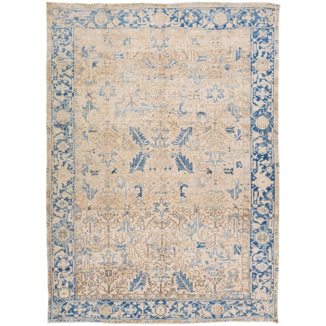 Antique Persian Heriz Beige Handmade Allover Geometric Wool Rug For Sale - Image 11 of 11
