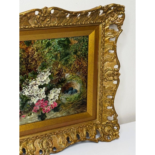Blue Antique Victorian Still Life Oil Painting by Oliver Clare, Signed Floral Blossom & Bird’s Nest With Blue Eggs, c.1880, Ornate Gilt Frame For Sale - Image 8 of 18