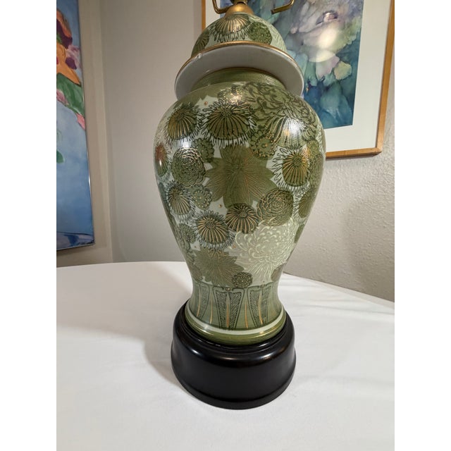 Vintage Japanese Fujita Kutani Celadon Ginger Jar Lamp Chrysanthemum For Sale - Image 4 of 12