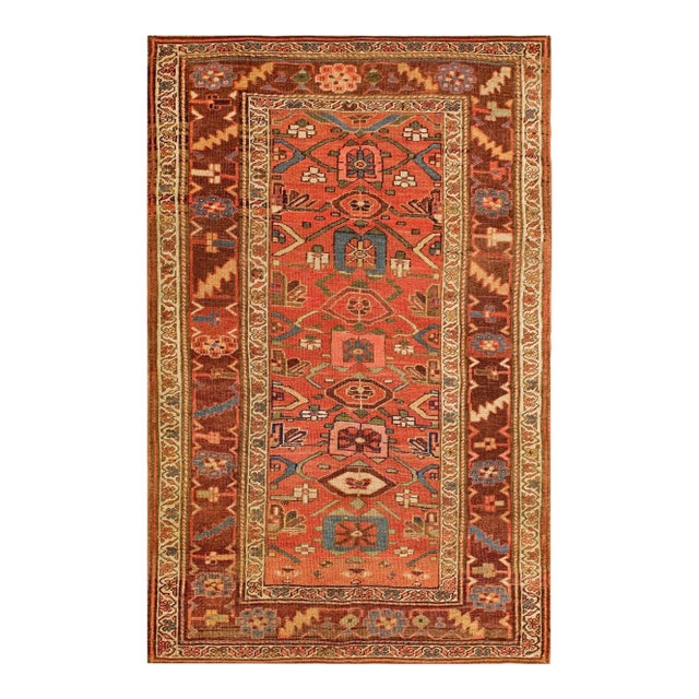 1890s Red Coral Rustic Geometric Antique Persian Bijar Rug 4'3" X 6'10" Handknotted Wool Carpet For Sale