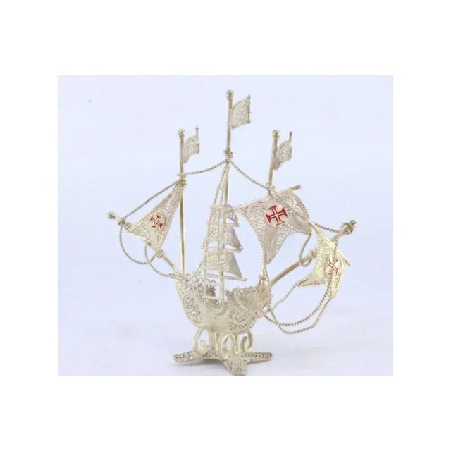 Metal Small Silver Filigree Caravel with Enamelled Crosses For Sale - Image 7 of 8