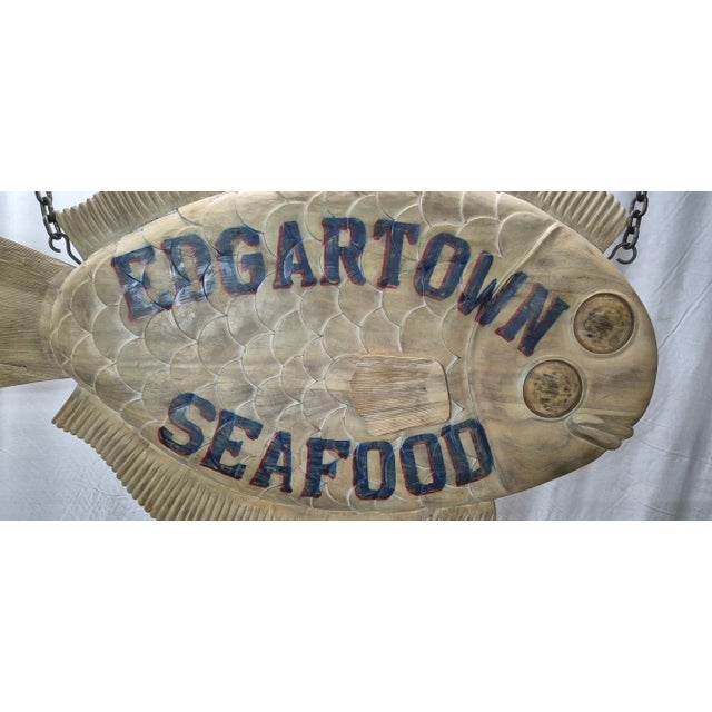 Wood Edgartown Seafood Carved Flounder Trade Sign For Sale - Image 7 of 12