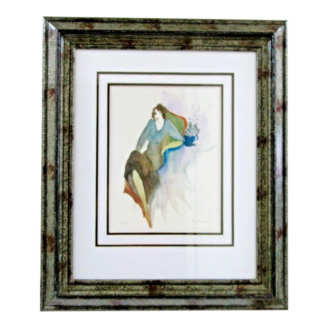 1990s Itzchak Tarkay Pencil Signed and Numbered Lithograph Seated Woman With Coffee For Sale