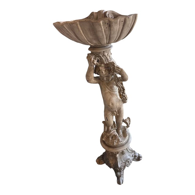 Antique Italian Boy With Grape and Shell Decoration Top Carved Wood Sculpture. For Sale