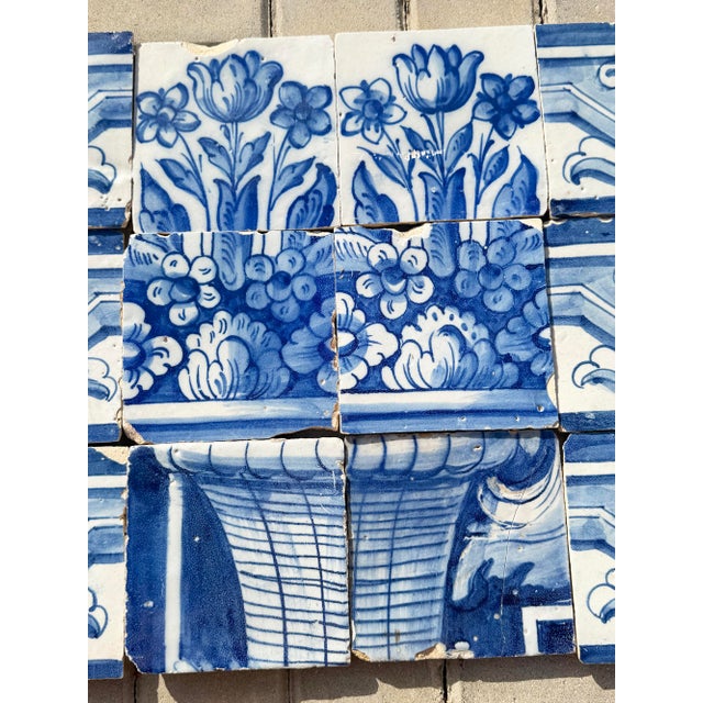 Baroque Antique 18th Century Portuguese Floral Still Life in a Wicker Basket Tile Panel For Sale - Image 3 of 10