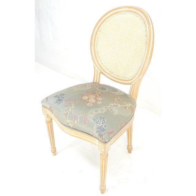 Wood Oval Back Silk Upholstery Cane Back White Wash Finish French Side Chair CLEAN For Sale - Image 7 of 9