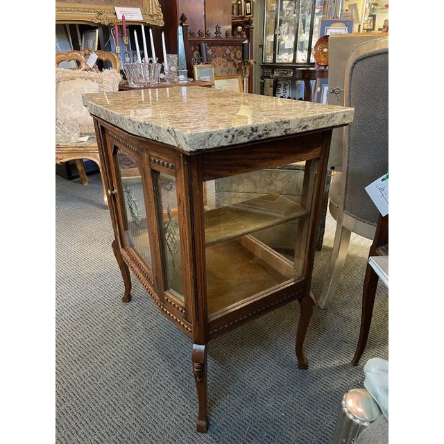 1900s Antique Oak Glass and Stone French Style Vitrine Cabinet With Velvet Interior For Sale - Image 4 of 13