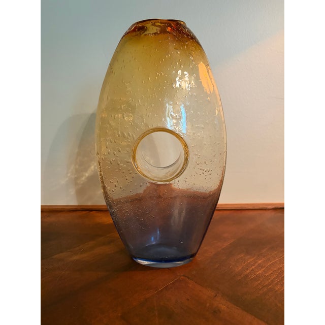 Vintage Hand-Blown Amber Ombré Bubble Glass Open Center Sculptural Vase For Sale In San Diego - Image 6 of 7