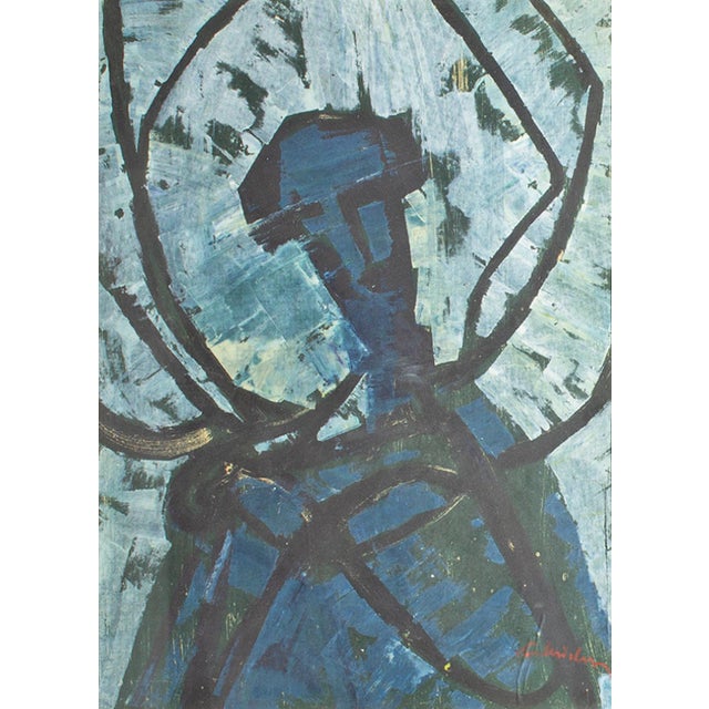 A 1964 mixed media painting on paper of St. Francis. This abstract work depicts St. Francis in black and black against and...