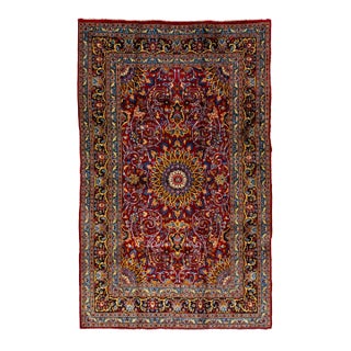 Rosette Designed Vintage Handmade Kashan Wool Rug in Red For Sale