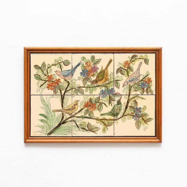 Ceramic hand painted artwork of five birds by Catalan artist Diaz Costa, circa 1960. Framed. Signed. In original...