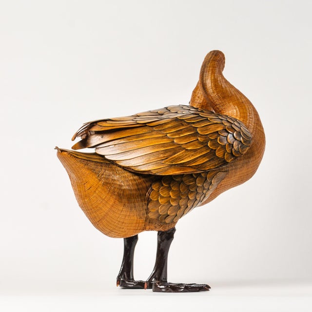 Fine Vintage Woven Wicker Goose Basket With Removable Wooden Wing Topper For Sale - Image 4 of 17