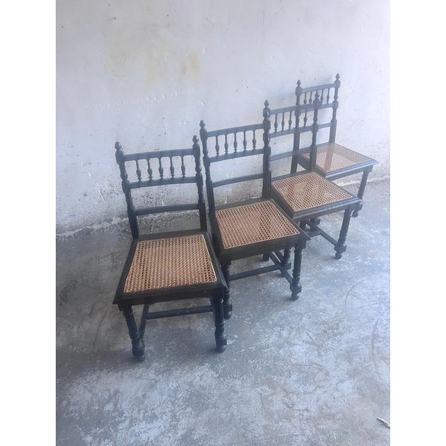 Ebonized Dining Chairs with Handwoven Cane Seats, Set of 4 For Sale - Image 6 of 7