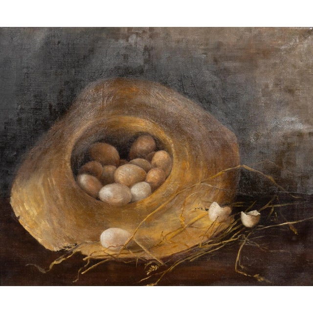 Late 19th Century Framed Oil on Canvas "Eggs in a Straw Hat" For Sale - Image 5 of 12