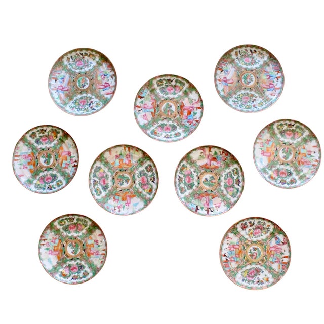 A very good set of nine matching Rose Medallion Chinese Export plates, in unusually good condition. Scenes alternate...