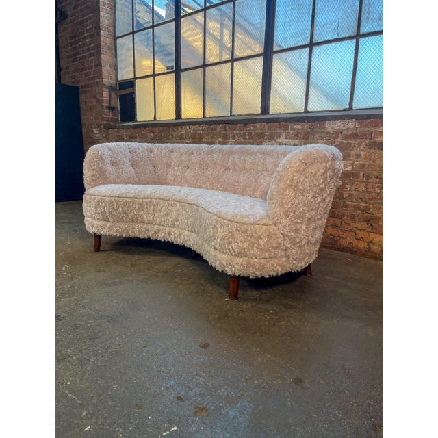 Mid 20th Century Swedish Curved Sofa in New Ivory Curly Upholstery For Sale - Image 4 of 8