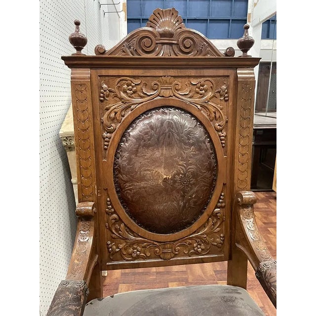 Brown Late 19th Century Large Pair of French Calver Dining Armchairs Leather Fabric For Sale - Image 8 of 16