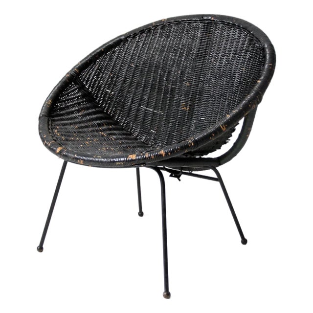Mid Century Black Wicker Saucer Chair For Sale