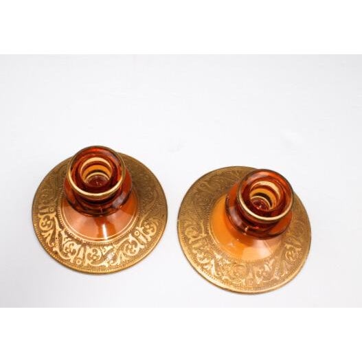 Vintage 1930s Fostoria Amber Glass and Gold Candle Holders- Set of 2 For Sale In Orlando - Image 6 of 9
