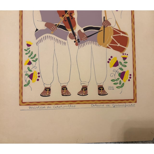 Figurative Original Vintage Carlos Merida 1945 Silkscreen Print " Musicos De Atotonilco" Plate Signed For Sale - Image 3 of 4