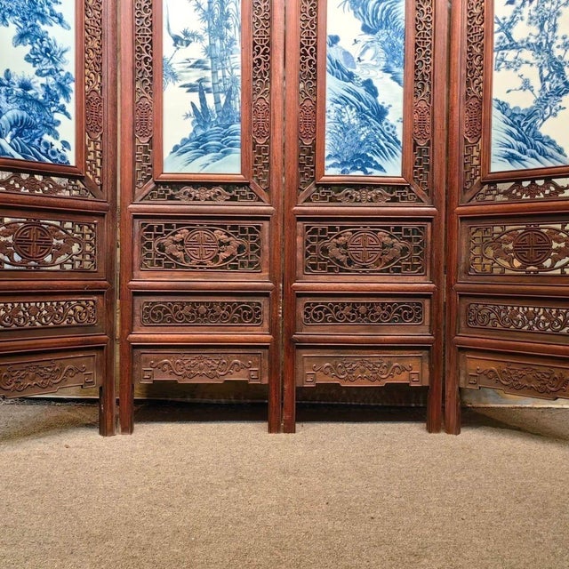 Vintage Chinese Rosewood & Blue-and-White Porcelain Four-Panel Floor Screen For Sale In Los Angeles - Image 6 of 10