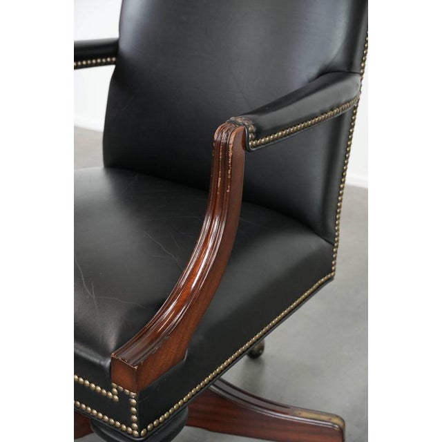 English Style Black Cowhide and Wooden Chesterfield Swivel Office Chair For Sale - Image 10 of 18