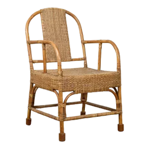 Vintage Burmese Country Style Hand-Woven Rattan Armchair with Rounded Back