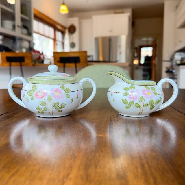 Art Nouveau Antique Nippon Hand Painted Cream and Sugar Floral Rose Pattern With Moriage Pink and Green Marked With Double Peacock T Nippon Mark For Sale - Image 3 of 12