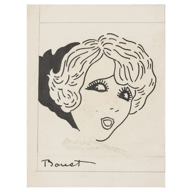 Emilie Bonet, Portrait, Original China Ink Drawing, 20th Century For Sale