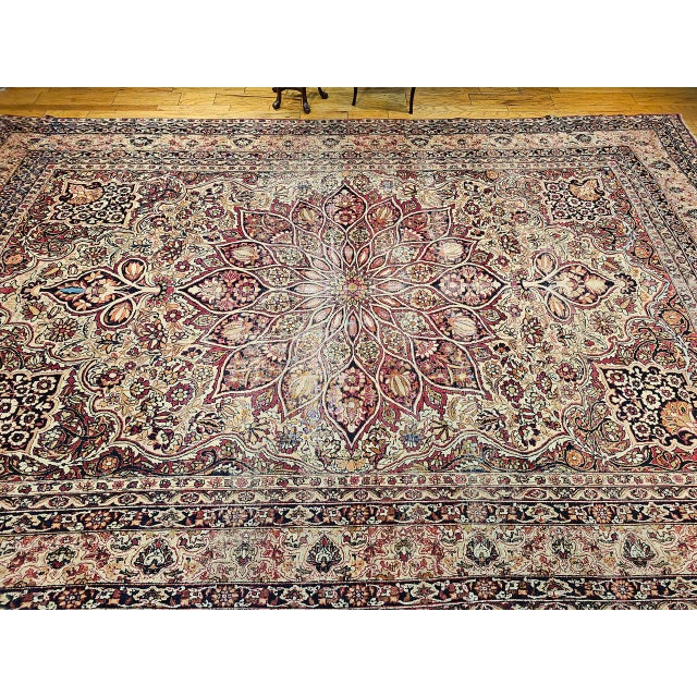 Late 19th Century 19th Century Oversized Persian Kerman Lavar Rug, Hand-Knotted Wool, Floral Pattern, Ivory & Burgundy, 11’ X 16’ For Sale - Image 5 of 14