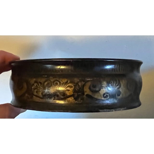 Antique early 19th c. English Regency papier mache wine bottle coaster decorated with stylized gilt neoclassical garland...