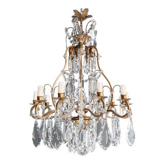 Antique 1900s Art Nouveau Brass Crystal Chandelier For Sale